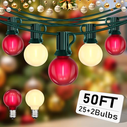 Abeja G40 Globe Patio String Light, 50Ft G40 Red White String Lights with 27 G40 LED Bulbs(2 Spare), Hanging Patio Globe String Light for Christmas Garden Holiday Party Decor-Green Line - color: Red-White-Green, size: 50FT