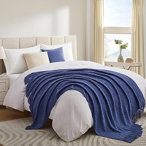 Acrylic Knitted Throw Blanket, Lightweight and Soft Cozy Decorative Woven Blanket with Tassels for Couch, Bed, Sofa, Travel, Suitable for All Seasons, 50 x 60 Inches, Navy - color: Navy