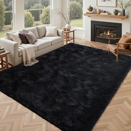 Black Rugs for Living Room Fluffy 4x6 ft Bedroom Rug Non-Slip Area Rugs Shag Carpet for Nursery Kids PlayRoom Dorm Office Indoor Modern Plush Carpets Boys - color: A-black, size: 4' X 6' (Rectangular)