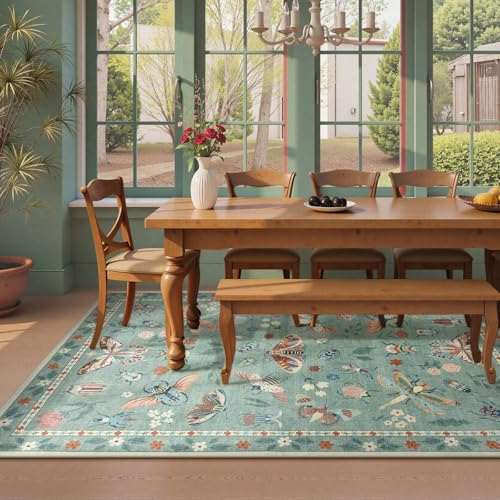 Beeiva Insect Print 5x7 Area Rugs for Living Room - Washable Non Slip Rugs for Dining Room Under Table, Soft Stain Resistant Carpet for Playroom Bedroom Office Whimsical Decor(5'x7',Green) - color: Light Green, size: 5' x 7' (Rectangular)