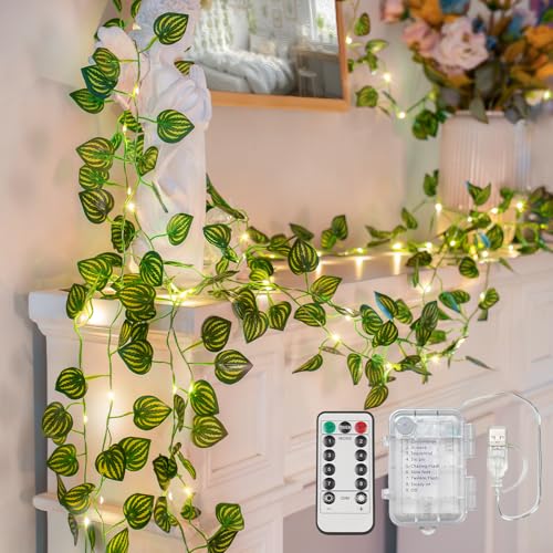 suddus Vines with Fairy Lights Battery & USB Powered Operated, 33ft 100 LED Watermelon Leaves String Lights with Remote, Artificial Plants for Indoor, Bedroom, Wedding, Wall, Party Decor(Warm White) - color: Watermelon, size: 100 LED-Battery-Copper
