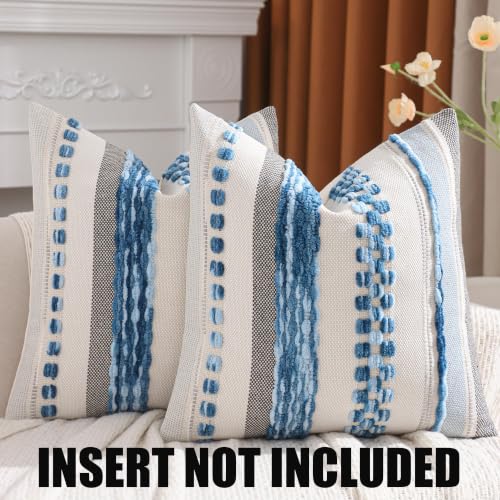 Coastal Pillow Covers 18x18 Set of 2 Boho Tufted Throw Pillow Covers Stripe Beach Decorative Pillow Cases Accent Chenille Pillowcases Farmhouse Cushion Case for Home Decor, Sky Blue - color: Sky Blue Stripe, size: 18" x 18" (Pack of 2)