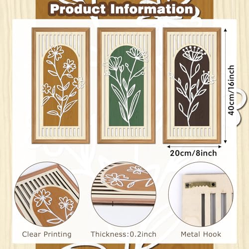 TOARTi 3 Pcs Rustic Boho Plant Wall Art Decor Minimalist Flower Wooden Hanging Sign Farmhouse Vintage Floral Wall Decor for Living Room Bedroom Boho Botanical Wooden Wall Art - color: Boho Plants Wooden Wall Art, size: 8"L x 16"W