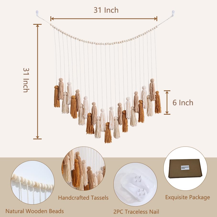 Khaki & Beige Boho Macrame Wall Hanging Handmade Tassels Garland Wall Décor with Wooden Beads for Bedroom Living Room Girls Boys Nursery Neutral Home Decor Aesthetic - color: Brown