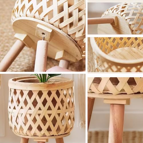 Boho Rattan Plant Stand Set of 2 – Handwoven Tall Elevated Wicker Plant Baskets for Indoor Plants, Mid-Century Modern Wooden Planter Holder with Tripod Legs, Farmhouse Home Decor - size: 2 pieces（S+M）