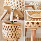 Boho Rattan Plant Stand Set of 2 – Handwoven Tall Elevated Wicker Plant Baskets for Indoor Plants, Mid-Century Modern Wooden Planter Holder with Tripod Legs, Farmhouse Home Decor - size: 2 pieces（S+M）