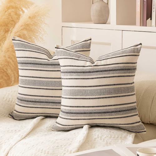 WACOMECO Pack of 2 Farmhouse Throw Pillow Covers, Textured Boho Cushion Covers for Couch Sofa Bed Home Decoration, 18x18 inch, Black - color: Black