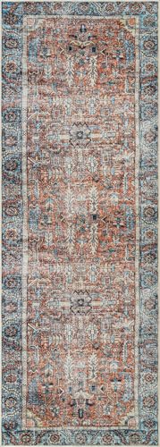 Bloom Rugs Washable Non-Slip 12 ft Runner - Orange/Blue Traditional Runner for Entryway, Hallway, Bathroom, and Kitchen - Exact Size: 2.5' x 12' - color: Orange / Blue, size: 2'6" x 12' (Runner)