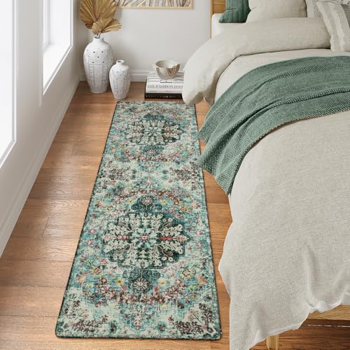 Lahome Reine Bohemian Floral 2x6 Washable Hallway Runner Rug, Non Slip Kitchen Laundry Hallway Rug Runner, Pet Friendly Bathroom Indoor Carpet Runners for RV Camper Entrance Bedroom - color: Teal, size: 2' x 6' (Runner)