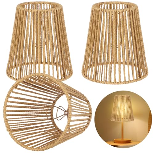 3PCS Chandelier Lamp Shades,Rattan Lamp Shade Clip-on Rattan hanging lamp Shade,Natural Touch Hand Woven Lampshade for Chandeliers, Pendants, Wall Sconces, 3.9 x 5.6 x 5.4 in