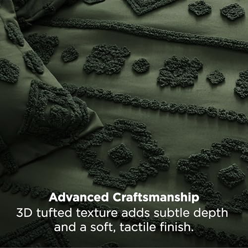 Bedsure Boho Tufted Green Comforter Set Queen Size, GentleSoft™ 3 Pieces Boho Farmhouse-Style Decor Bedding, Exquisite Bedding for All Seasons, 1 Bed Comforter, 2 Pillow Shams, 90x90 Inches - color: 03 - Distressed Vintage Dark Green, size: Queen (90" x 9