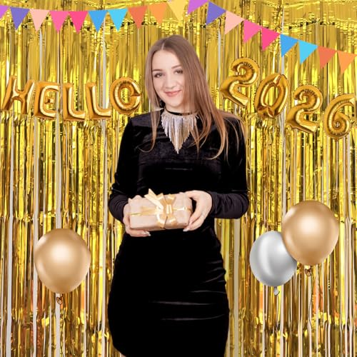 Gold Backdrop Birthday Decorations Foil Fringe Curtains 3.3x8.2ft, Party Backdrop Streamers Photo Booth Backdrop, Gold Tinsel Backdrop Door Decorations for Graduation Bachelorette New Year Eve, 2 Pack - color: Gold