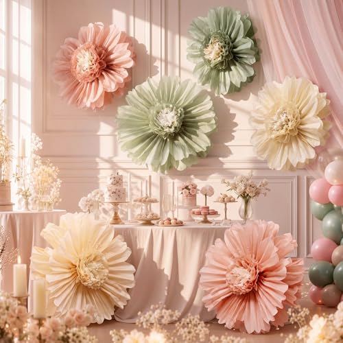 Giegxin 6 Pcs 31.5", 24" Pink and Sage Green Giant Paper Flowers Big Boho Sage Green Crepe Paper Flowers for Wall Decorations Wedding Baby Shower Birthday Bridal Shower Backdrop Classroom Party Decor - color: Pink,Green,White, size: 31.5", 24"