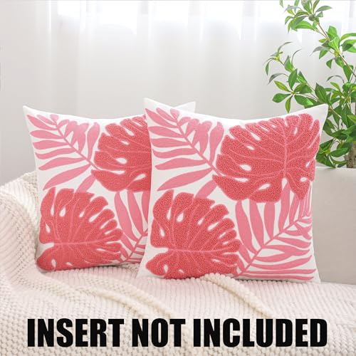 Embroidered Throw Pillow Covers 18x18 Pack of 2 Pink Botanical Tropical Leaf Pillow Covers Beach Ocean-Themed Decorative Cushions Case Farmhouse Boho Plant Tufted Pillowcases for Summer - color: Pink Tropical Leaf, size: 18" x 18" (Pack of 2)