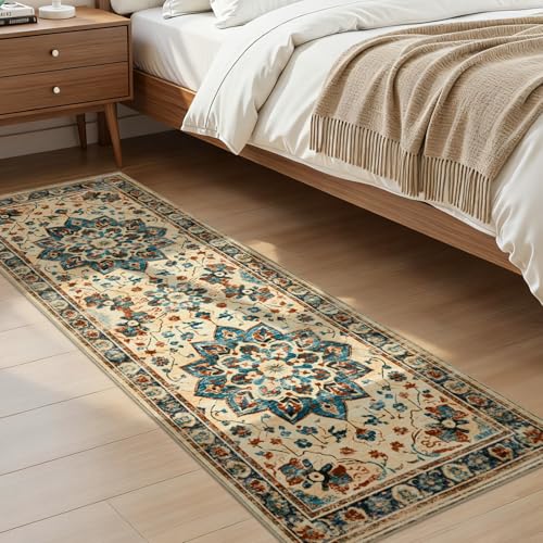 Joydeco Washable 2x6 Hallway Runner Vintage, Beige & Blue & Reddish-Brown | Water Resistant Low Pile Non Slip Backing for Kitchen Entryway Bedroom Bathroom Dining Room - color: Beige&blue&reddish-brown, size: 2' x 6' (Runner)