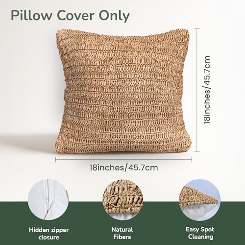 Raffia Hand Knitted Pillow Cover, 18x18 – Boho Decorative Cushion Cover for Couch, Sofa or Bed, Rustic Natural Throw Pillow Case