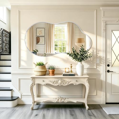 JJUUYOU Bathroom Wall Mirror Irregular Mirrors for Wall Large Metal Frame Hanging 26"x47" Vanity Wall Mounted Mirror for Living Room Bedroom Entryway Vanity Home Decor Silver - color: Silver, size: 47"L x 26"W