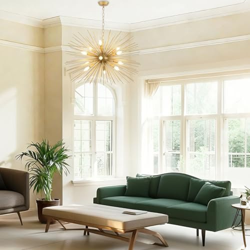 Modern 33.8in Gold Sputnik Chandeliers 12-Light Mid-Century Starburst Chandelier Light Fixture Solid Metal Satellite Large Chandelier for High Ceiling Dining Room Living Room Foyer E12 - color: Golden 33.85" 12-Light