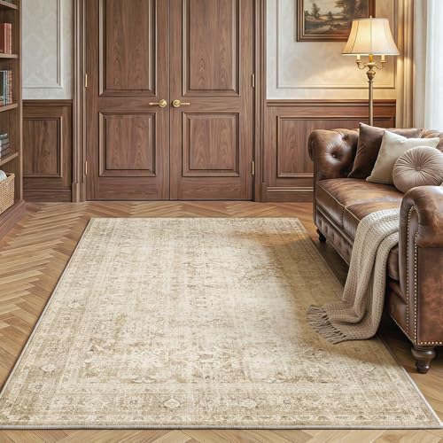 FMFUNCTEX 5x7 Washable Area Rug Beige Neutral Vintage Distressed Oriental Large Non Slip Carpet for Living Room Bedroom Traditional Retro Soft Low Pile Indoor Rugs for Dining Room Office Nursery - color: Beige, size: 5' x 7' (Rectangular)