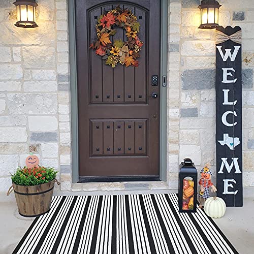 CAINANEL Black and White Striped Outdoor Rug 27.5'' x 43'' Front Door Mat Handwoven Cotton Indoor/Outdoor for Layered Door Mats,Welcome Door Mat, Front Porch,Farmhouse,Entry Way - color: Black&white Stripe, size: 2'4" x 3'7" (Rectangular)