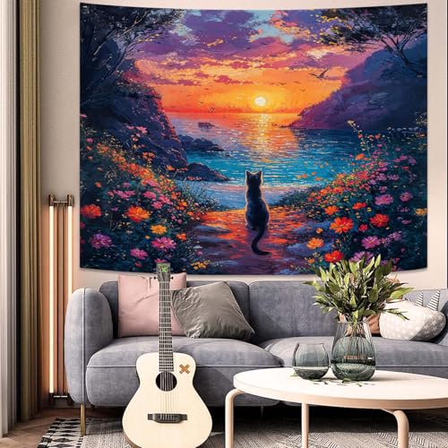 kampdream Landscape Tapestry, Scenery Art Wall Tapestries, Nature Wall Decor for Bedroom Living Room Backdrop Sunset Cat 36×48 inches - color: Sunset Cat, size: 48"L x 36"W