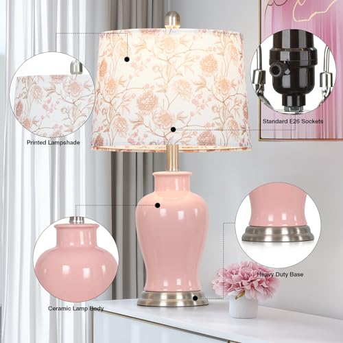 Ruzectt Pink Ceramic Table Lamp with Flower Lampshade, 23" Cute Bedroom Lamp with Ginger Jar Design, Modern Living Room Lamps Set 2, Elegant Bedside Lamps for Nightstand End Table Home Decor - color: Pink-Flower Lampshade