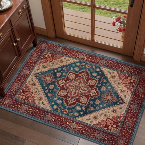Tangsoo Vintage Small 2x3 Washable Rugs for Entryway Non-Slip Oriental Low Pile Rug for Front Door, Kitchen, Indoor, Accent Throw Small Area Rug, Door Mat for Entrance, Soft Boho Red Rug - color: Red/Blue, size: 2' X 3' (Rectangular)