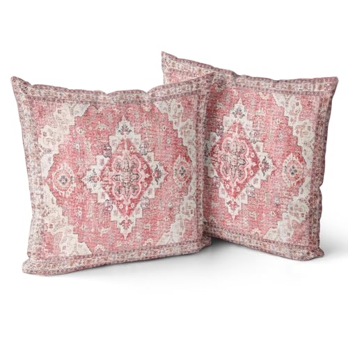 Snycler Pink Boho Throw Pillow Covers Set of 2 Boho Rug Carpet Double Sided Pattern Cotton Soft Pillow Case Cushion Cover Pillowcase for Garden Couch Sofa Bed Decorative 18x18 inch - color: Pink, size: 18" x 18" (Pack of 2)