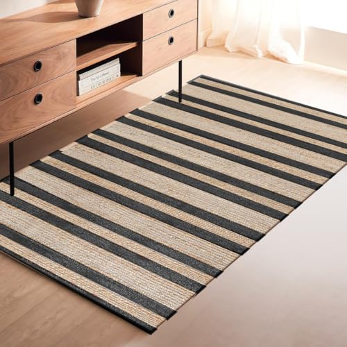 Area Rug Farmhouse 3x5 Feet - Hand Woven Jute Cotton Rug Bohemian Rustic Vintage - Non Slip Floor Rug for Bedroom Living Room Kitchen Dorm Entryway Hallway - Area Rug Natural Black - color: Natural Black, size: 3'x5'