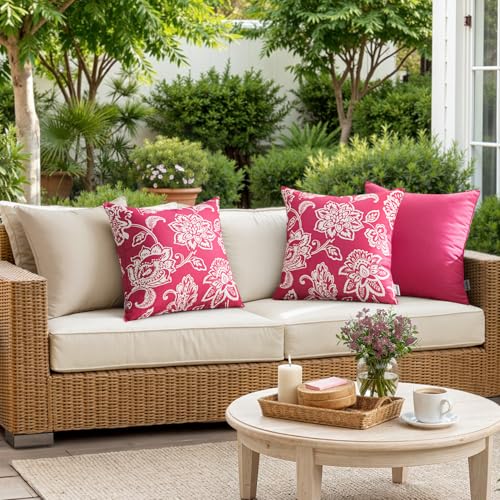 Decorative Outdoor Floral Pillow Covers Set of 2,Waterproof Boho Farmhouse Throw Pillows Summer Accent Pillowcases for Patio Furniture Garden Sofa 18x18 Inch, Hot Pink - color: Hot Pink