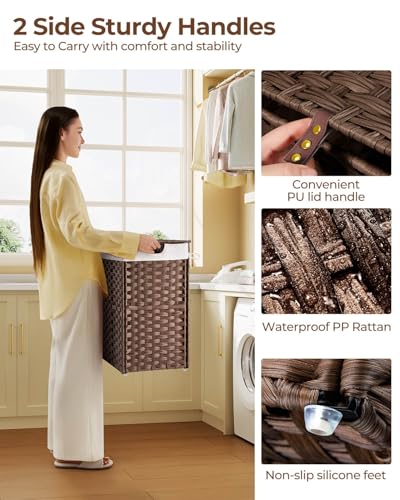 Greenstell Laundry Hamper with lid, No Install Needed, 110L Wicker Laundry Baskets Foldable 2 Removable Liner Bags, 2 Section Clothes Hamper Handwoven Rattan Laundry Basket with Handles, Brown - color: Brown
