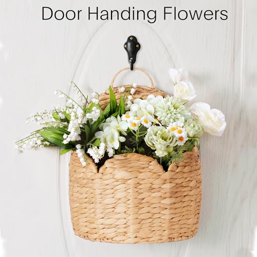 2 PC Door Basket Scalloped Hanging Storage Basket,Water Hyacinth Woven Wall Baskets for Front Door Decor, Hangable Storage Organize for Flowers,Planter,Mails,Wicker Baskets for Organizing Garden- S+L - size: S+L