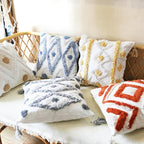 Boho Pillow Covers 18X18 Inch White Yellow Tufted Throw Pillow Covers Decor Tassels Cushion Cover Pillow for Sofa Handmade Embroidery Couch Pillow Covers Retro Boho Pillowcase Covers