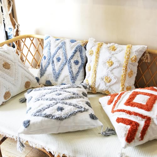 Boho Pillow Covers 18X18 Inch White Yellow Tufted Throw Pillow Covers Decor Tassels Cushion Cover Pillow for Sofa Handmade Embroidery Couch Pillow Covers Retro Boho Pillowcase Covers
