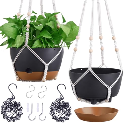 Set of 2-10 Inch Hanging Planters for Indoor Plants with Self-Watering Includes Hanging Pots for Plants, Outdoor Hanging Plant Pot with Drainage, and 2 Types of Hanging Baskets Hangers (Black, 10inch) - color: Black, size: 10inch