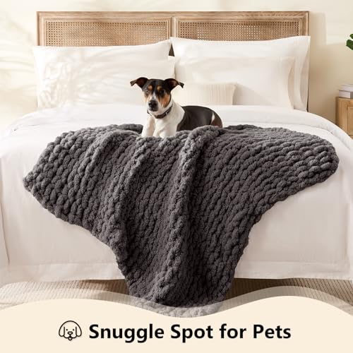 L'AGRATY Chunky Knit Blanket Throw - Soft Chunky Throw Blanket 30x40: 100% Hand Kintted Chenile Crochet Throw Blanket for Couch - Large Cable Knit Chunky Blanket for Home Decor(Dark Grey) - color: Charcoal Grey, size: 30"x40"