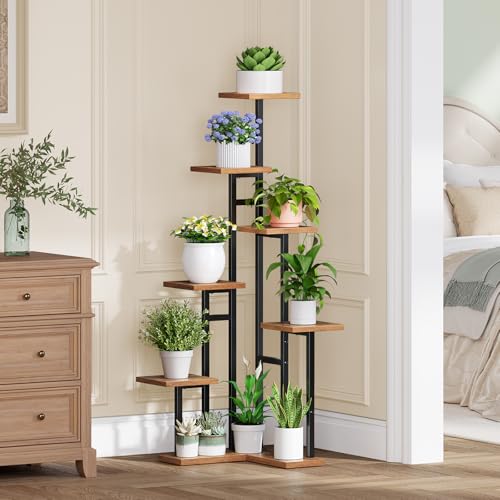 HOOBRO Corner Plant Stand Indoor, 7-Tier Plant Shelf for Multiple Indoor Plants, Corner Plant Rack Organizer, Square Flower Stand, for Living Room, Balcony, Patio, Rustic Brown and Black BF01HJ01