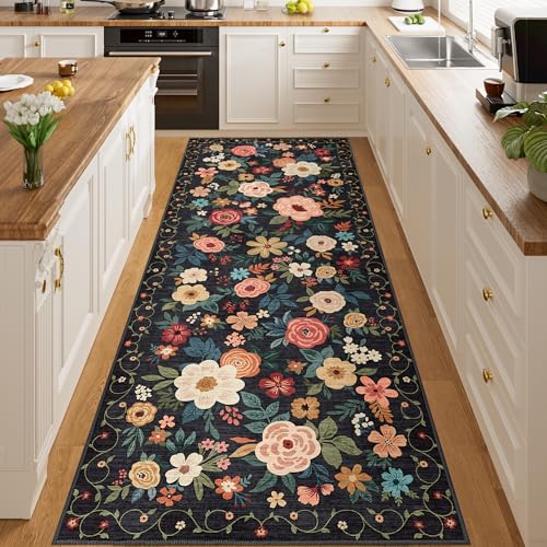 DUKINO 3x8 Runner Rug, Washable Rug for Kitchen with Non Slip Backing, Soft Non Shedding & Low Pile Design Long Floor Carpet Runner for Hallway, Bathroom, Entryway, Laundry, Black - color: Black, size: 3' x 8' (Rectangular)