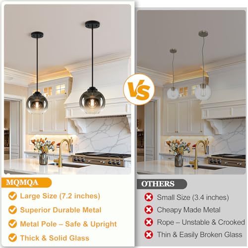 MQMQA 2 Pack Globe Pendant Lights, Mid Century Pendant Light Fixtures, Globe Pendant Lights Kitchen Island with Gray Glass Shade Adjustable Hanging Fixture for Dining Room (Bulbs not Included) - color: Matte Black + Gradient Gray Glass 2 Pack