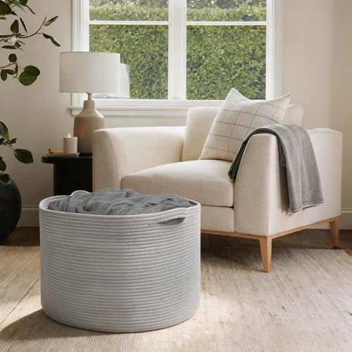 MEGASKET 115L Super Large Gray Blanket Basket, 23.6"x15.7" Woven Cotton Rope Storage Basket for Laundry, Towel, Pillow, Oversized Kids Dog Toy Storage Bin, Grey XXXL Blanket Holder for Living Room - color: Gray, size: 23.6"x23.6"x15.7"