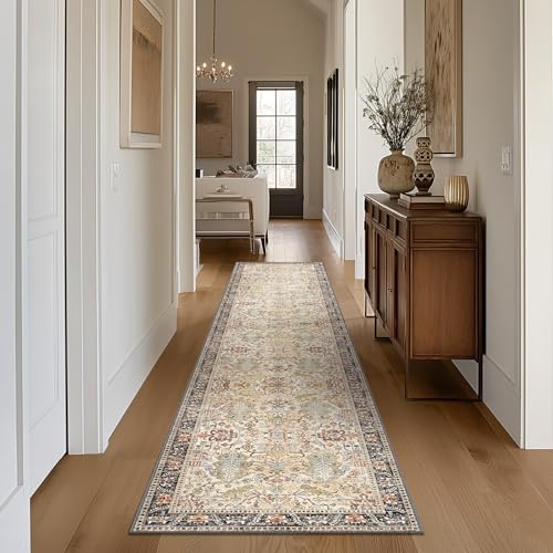 Bavni Bedroom Rug Runners for Hallways, Washable Runner Rug 2x10, Low Pile Non-Slip Indoor Throw Carpet for Bedroom Laundry Room, Ivory/Teal - color: Ivory/Teal, size: 2' x 10' (Rectangular)