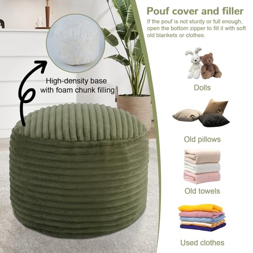 MeMoreCool Stuffed Round Pouf Ottoman Foot Rest, Soft Plush Floor Pouf Foot Stool, Corduray Footstool Footrest, Small Round Ottoman for Living Room Couch Sofa Chair, 20x15 Inch Green - color: Ribbed Green