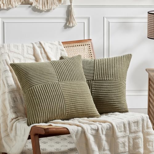 Fancy Homi 2 Packs Olive Green Samll Decorative Throw Pillow Covers 12x12 Inch with for Couch Bed Sofa, Rustic Farmhouse Boho Home Decor, Soft Corss Patchwork Corduroy Square Cushion Case 30x30 cm - color: Olive Green, size: 12" x 12" (Pack of 2)
