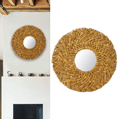 Retro Straw Weave Hanging Mirror, Rattan Boho Circle Mirrors for Wall Decor, Wall Mounted Mirror (Gold) - color: Gold