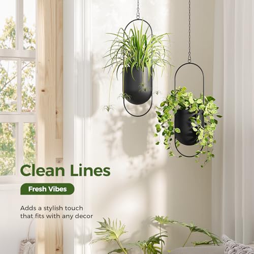 Bamworld Black Hanging Planters for Indoor Outdoor Plants Metal Hanging Pots for Plants 5.5 Inch Modern Hanging Baskets Window Plant Hanger Ceiling Hanging Flower Pots with Chain for Wall Decor - size: Oval - 5.5in