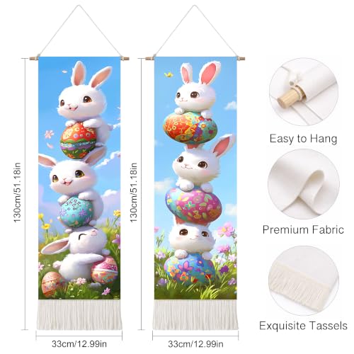 seewan 2 Pack Long Vertical Wall Tapestry, Boho Nature Landscape & Floral Aesthetic Wall Hanging for Bedroom Living Room Home Decor, Long Narrow Art Tapestry with Sunrise Mountain Botanical Designs, 13" × 51" (Cute Bunny Stack, 13"Wx51"H, Unframed) - colo
