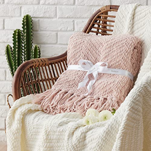 Bedsure Spring Throw Blankets for Couch - Textured Knit Woven Chenille Blanket - Super Soft, Warm Decorative Boho Throw with Tassels for Bed, Sofa and Living Room, Light Pink, 50x60 Inches - color: 01-pink