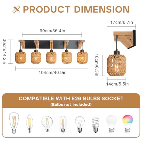 5-Light Bathroom Vanity Light Fixtures, Rustic Style Rattan Vanity Lights with Handmade Bamboo Woven Boho Wicker Lampshade, Farmhouse Wooden Bracket, Suit for Stairway Bedroom and Hallway - color: 5-Light