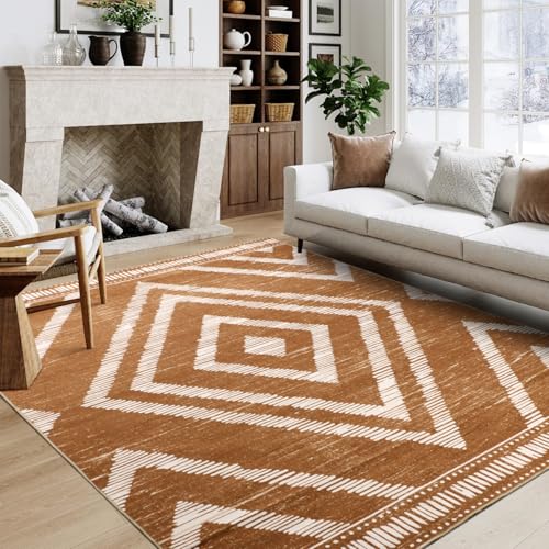 Boho Washable Rugs 5x7ft Non Slip, Low Pile Area Rug for Living Room, Brown Moroccan Bedroom Carpets, Non Shedding Soft Floor Carpet for Dining Room Bathroom Nursery Kitchen Office - color: Brown, size: 5' x 7' (Rectangular)