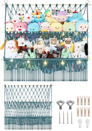 2 Tier Stuffed Animal Storage Shelf Net, 35x30'' Large Plushie Net w/ 2.4/1'' Dense Mesh for Mini Medium Stuffy Teddy, Aqua Boho Macrame Plush Holder Display w/Lights&Clips for Nursery Decor - color: Aqua, size: Large-2 Tier-35x30 Inch